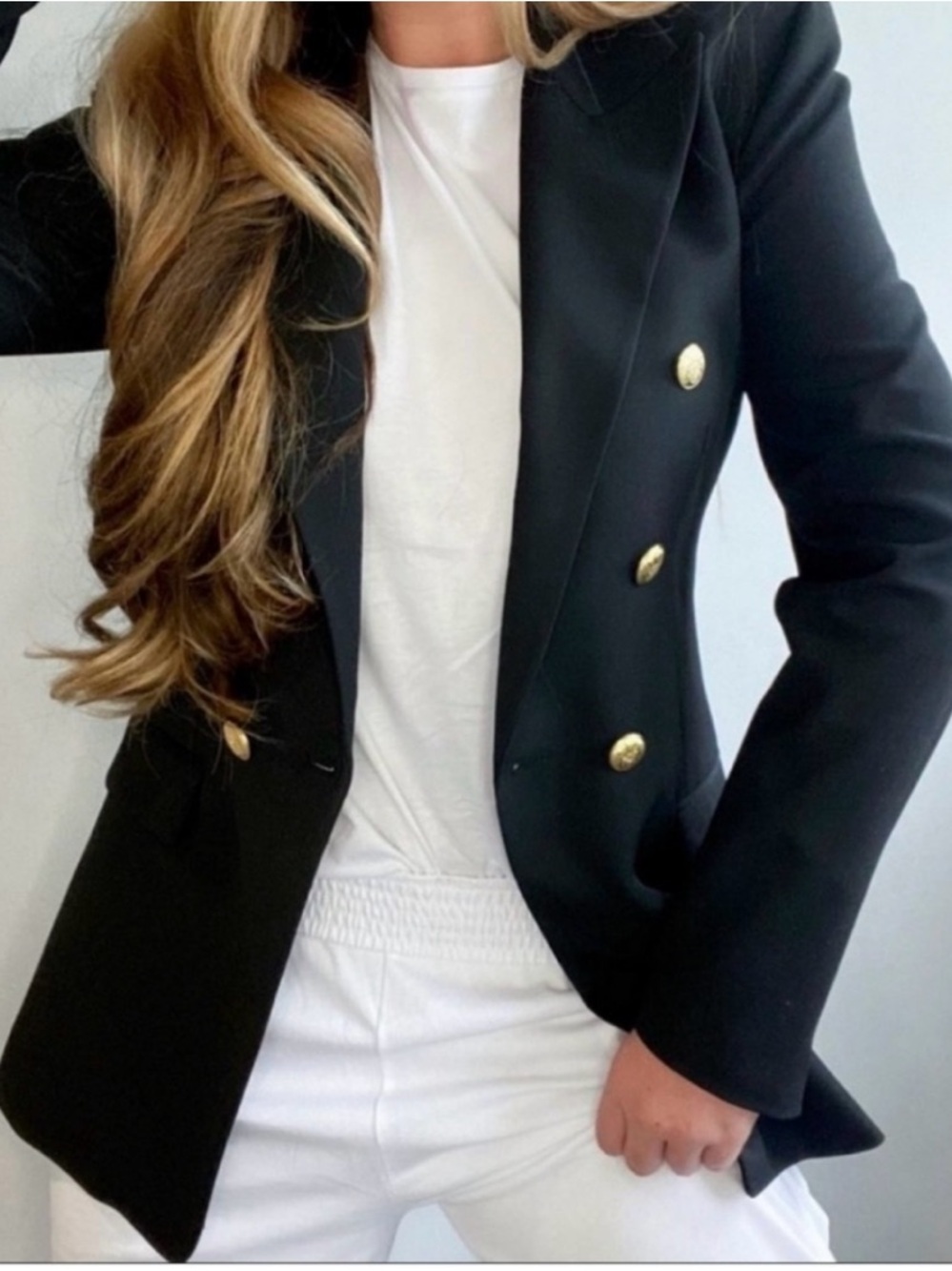 ZARA Black Double Breasted Blazer Gold Embossed Buttons Medium Structured